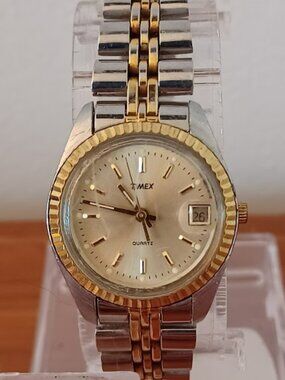 Vintage Ladies TIMEX BA CELL Watch 2 Tone with Day Date
